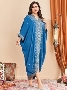 Al Najma Plus Floral Print Batwing Sleeve Split Hem Dress - Blue - View 3