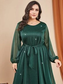 Modelyn Plus Lantern Sleeve Belted Glitter Dress - Dark Green - View 7