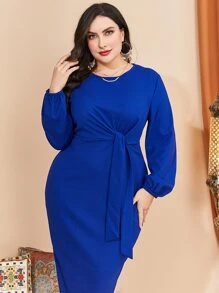Modelyn Plus Tie Front Lantern Sleeve Belted Dress - Royal Blue - View 5