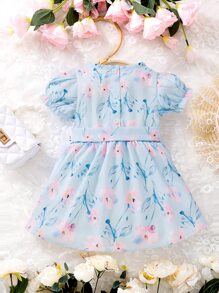 Baby Floral Print Puff Sleeve Belted Dress