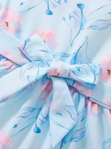 Baby Floral Print Puff Sleeve Belted Dress