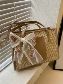 小草編包紙貼布和絲巾裝飾撞色滾邊,完美適合夏天海灘旅行度假 - 彩色 - 查看 1