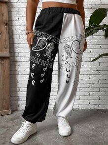 Flirla Plus Paisley Print Two Tone Joggers - Black and White - View 3