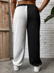 Flirla Plus Paisley Print Two Tone Joggers - Black and White - View 4