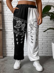 Flirla Plus Paisley Print Two Tone Joggers - Black and White - View 6