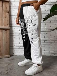 Flirla Plus Paisley Print Two Tone Joggers - Black and White - View 8