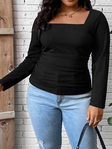 SHEIN LUNE Plus Square Neck Ruched Side Ribbed Knit Tee - Black - View 3