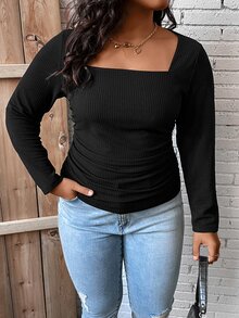SHEIN LUNE Plus Square Neck Ruched Side Ribbed Knit Tee - Black - View 4