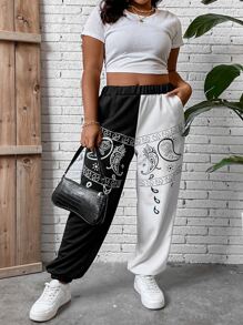 Flirla Plus Paisley Print Two Tone Joggers - Black and White - View 1