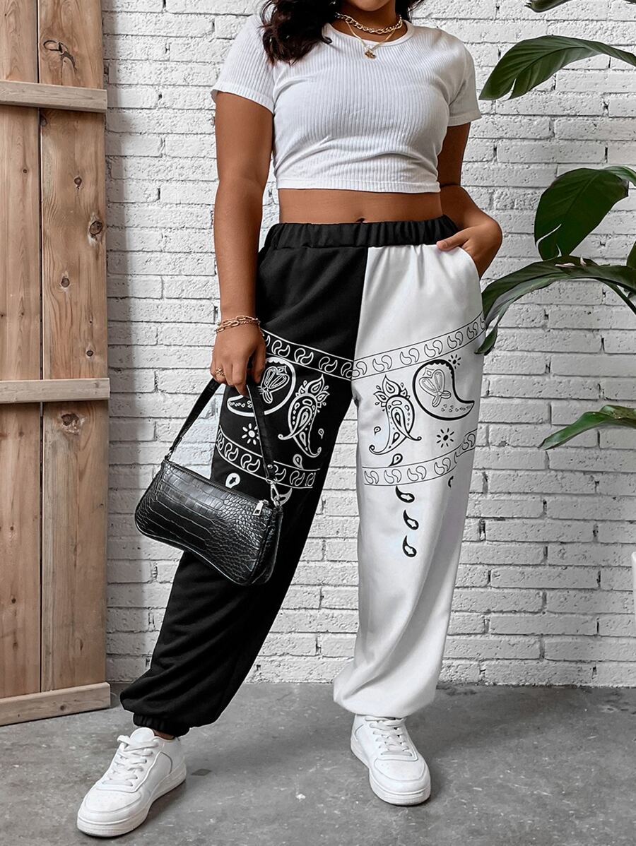 Flirla Plus Paisley Print Two Tone Joggers - Black and White - View 1