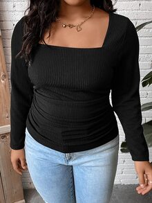 SHEIN LUNE Plus Square Neck Ruched Side Ribbed Knit Tee - Black - View 5