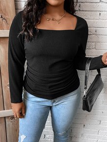 SHEIN LUNE Plus Square Neck Ruched Side Ribbed Knit Tee - Black - View 6