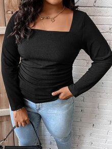 SHEIN LUNE Plus Square Neck Ruched Side Ribbed Knit Tee - Black - View 7
