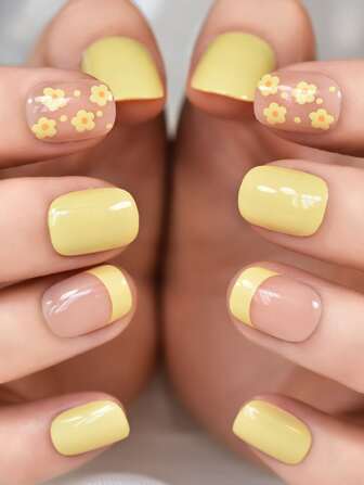 Upgrade Your Look With 24pcs Short Square Yellow Solid French Floral Pattern Fake Nail & 1pc Nail File & 1pc Glue Sticker & 1pc Stick Press On Nails Nail Supplies