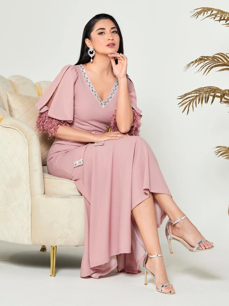 Contrast Sequin Puff Sleeve Dress