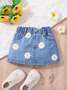 SHEIN Vintaside Kids 嬰兒女孩花卉印花提包腰丹寧裙 - 中等水洗藍 - 查看 1