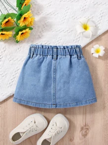 SHEIN Vintaside Kids 嬰兒女孩花卉印花提包腰丹寧裙 - 中等水洗藍 - 查看 2