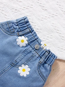 SHEIN Vintaside Kids 嬰兒女孩花卉印花提包腰丹寧裙 - 中等水洗藍 - 查看 3