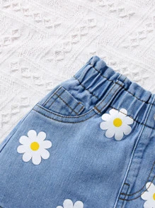 SHEIN Vintaside Kids 嬰兒女孩花卉印花提包腰丹寧裙 - 中等水洗藍 - 查看 4