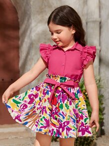 SHEIN Niñas ribete con fruncido Blusa & con estampado floral con cinturón Falda - Rosa - Ver 1