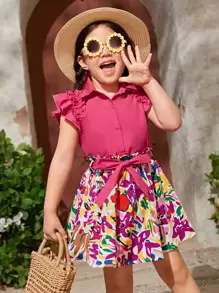 SHEIN Niñas ribete con fruncido Blusa & con estampado floral con cinturón Falda - Rosa - Ver 3