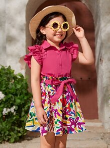 SHEIN Niñas ribete con fruncido Blusa & con estampado floral con cinturón Falda - Rosa - Ver 4