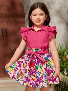 SHEIN Niñas ribete con fruncido Blusa & con estampado floral con cinturón Falda - Rosa - Ver 5