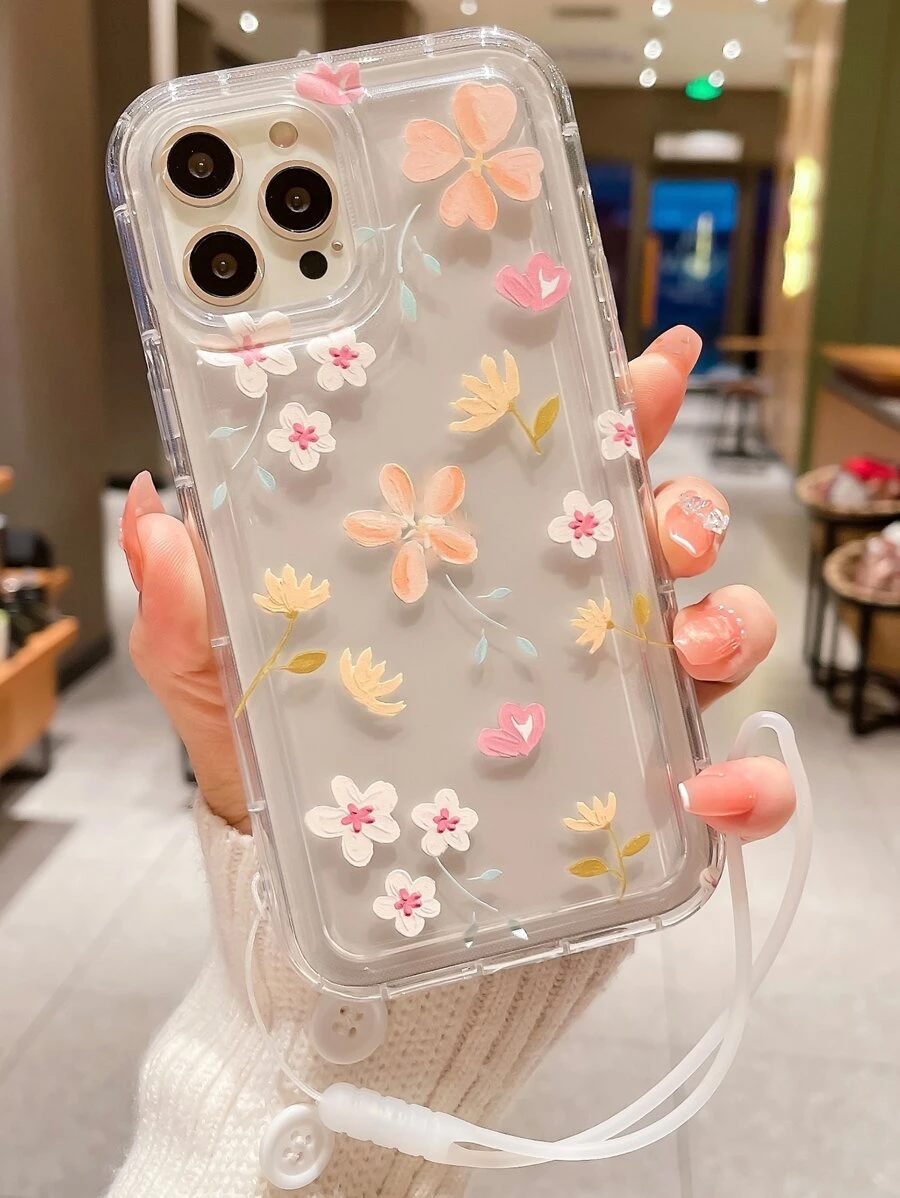 花卉圖案透明手機殼附帶繩子 - 彩色 - 查看 1