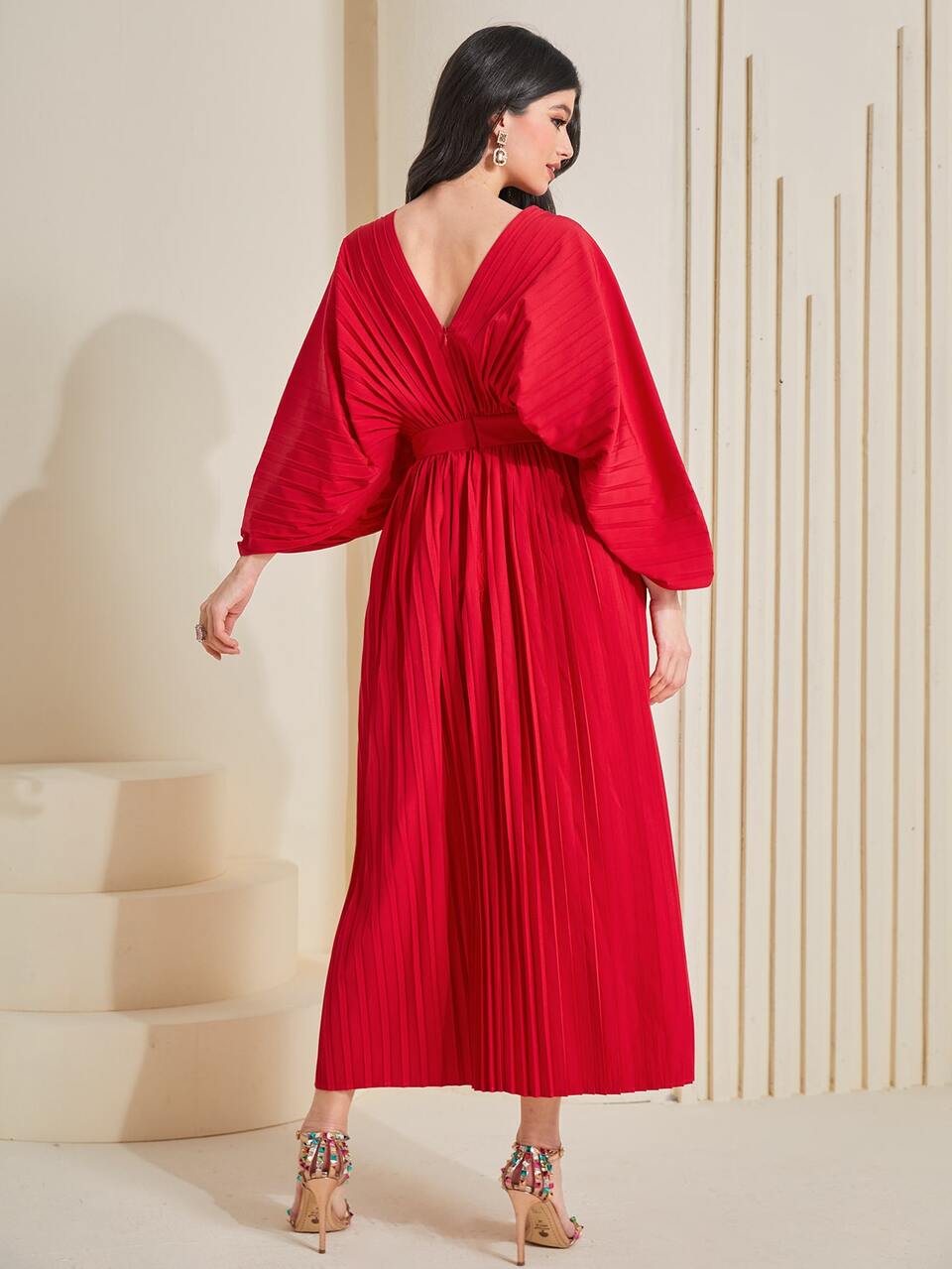 Dolman Sleeve V-back Pleated Kaftan Dress Without Belt
