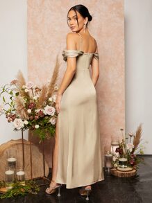 SHEIN Belle Váy phù dâu Dây kéo Tách cao màu trơn - Màu be - Xem 2