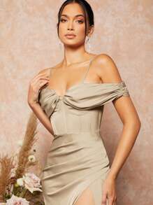 SHEIN Belle Váy phù dâu Dây kéo Tách cao màu trơn - Màu be - Xem 5