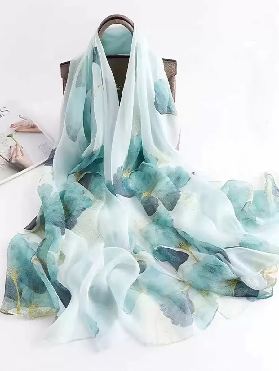 وشاح شيفون مطبوع بورقة السرو الأخضر للنساء، أنيق وجذاب، رقيق وشبه شفاف، مناسب للارتداء اليومي قطعة واحدة