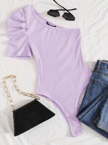 SHEIN Privé One Shoulder Puff Sleeve Bodysuit - Lilac Purple - View 1