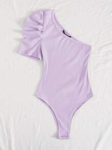 SHEIN Privé One Shoulder Puff Sleeve Bodysuit - Lilac Purple - View 3