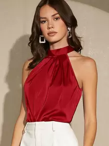 Maija Tie-Up Satin Halter Necked Open Shoulder Women's Blouse Shirt