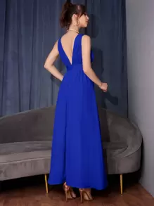 SHEIN Belle Women Dresses Ruched Zip Split Thigh Plain Anggun - Royal Blue - View 2