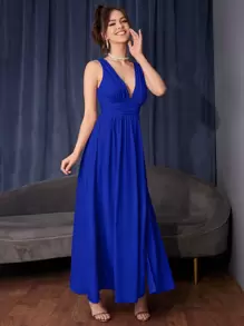 SHEIN Belle Women Dresses Ruched Zip Split Thigh Plain Anggun - Royal Blue - View 4
