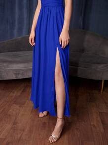 SHEIN Belle Women Dresses Ruched Zip Split Thigh Plain Anggun - Royal Blue - View 6