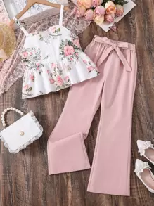 SHEIN Girls Floral Print Contrast Lace Cami Top & Belted Trousers - Multicolor - View 1