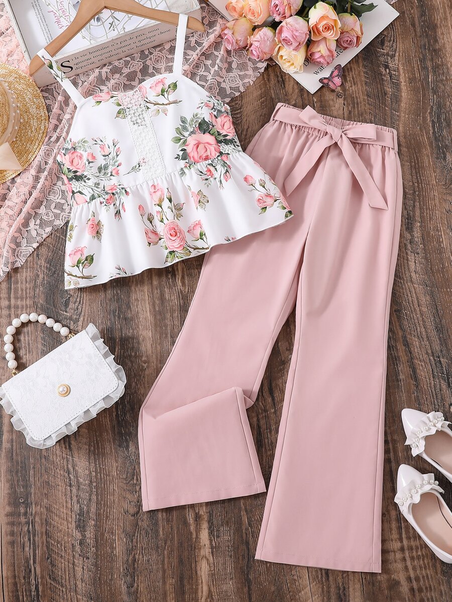SHEIN Girls Floral Print Contrast Lace Cami Top & Belted Trousers - Multicolor - View 1