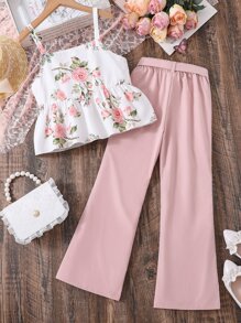 SHEIN Girls Floral Print Contrast Lace Cami Top & Belted Trousers - Multicolor - View 2