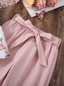 SHEIN Girls Floral Print Contrast Lace Cami Top & Belted Trousers - Multicolor - View 6