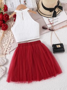 女孩前蝴蝶結掛脖上衣和網紗覆蓋半身裙 - 紅白色 - 查看 2