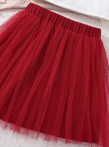 女孩前蝴蝶結掛脖上衣和網紗覆蓋半身裙 - 紅白色 - 查看 5