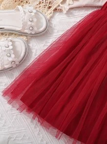 女孩前蝴蝶結掛脖上衣和網紗覆蓋半身裙 - 紅白色 - 查看 8