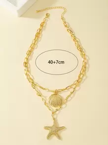 Shell & Starfish Pendant Layered Necklace - Yellow Gold - View 3