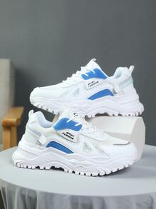 Men Lace Up Letter Graphic Chunky Sneakers, Sporty Outdoor Mesh Sneakers - White - View 1