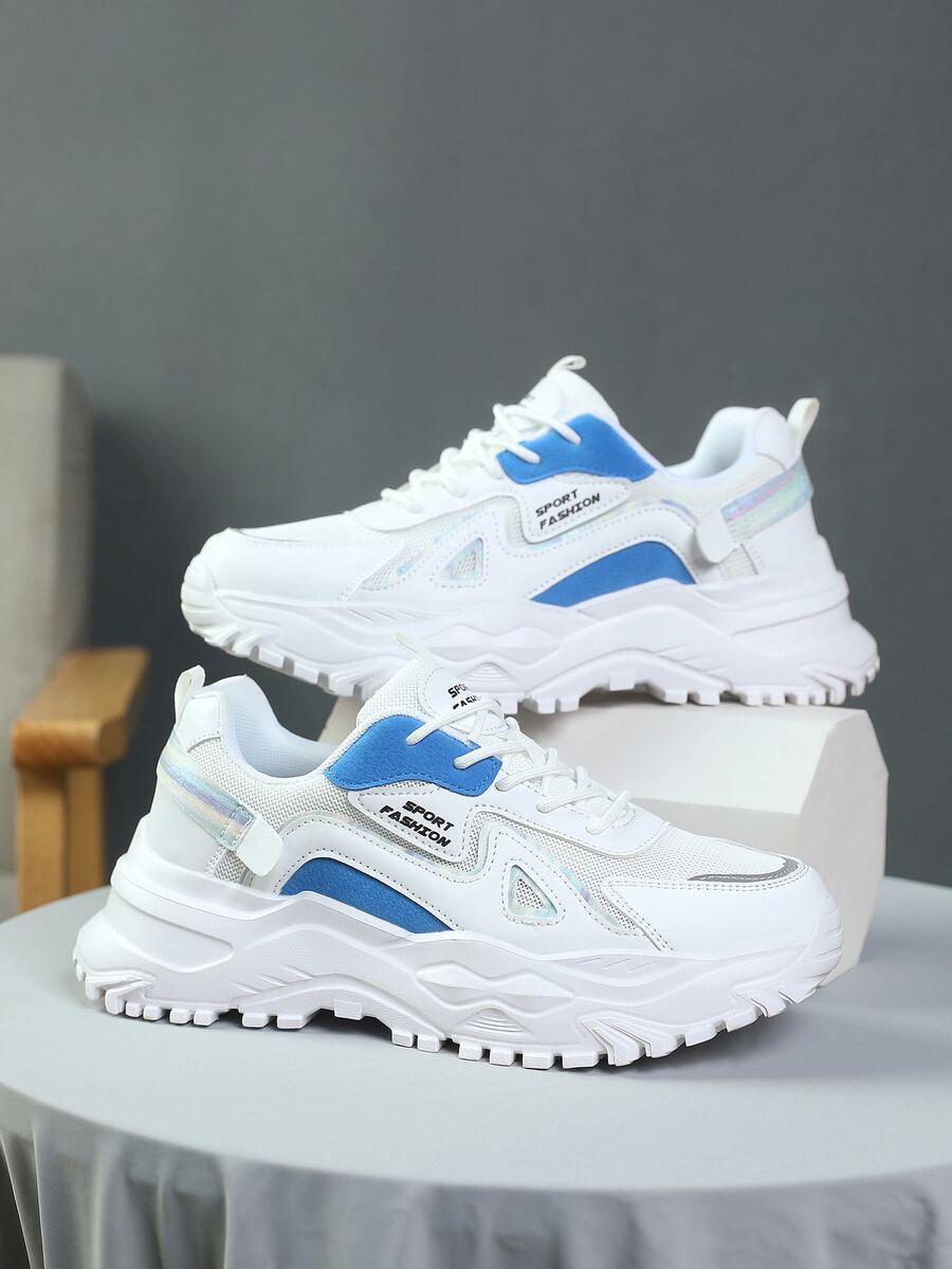 Men Lace Up Letter Graphic Chunky Sneakers, Sporty Outdoor Mesh Sneakers - White - View 1
