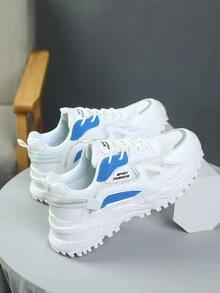 Men Lace Up Letter Graphic Chunky Sneakers, Sporty Outdoor Mesh Sneakers - White - View 2