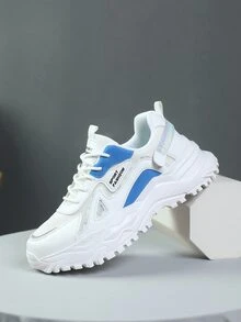 Men Lace Up Letter Graphic Chunky Sneakers, Sporty Outdoor Mesh Sneakers - White - View 3